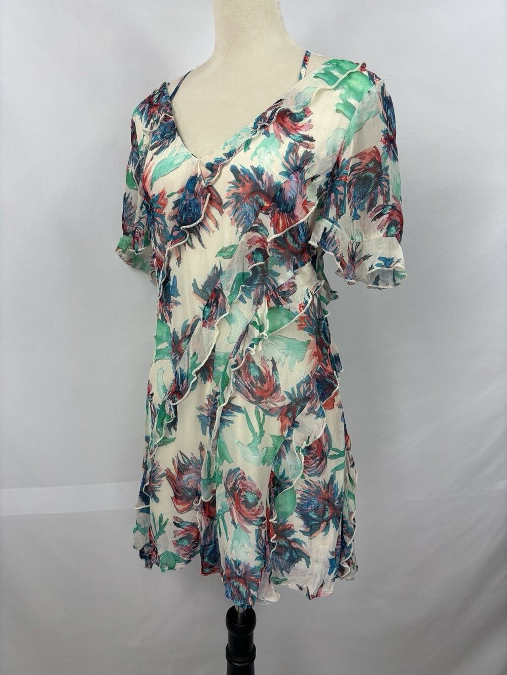 by Anthropologie Mini Dress White Watercolor Floral Print Small Ruffles